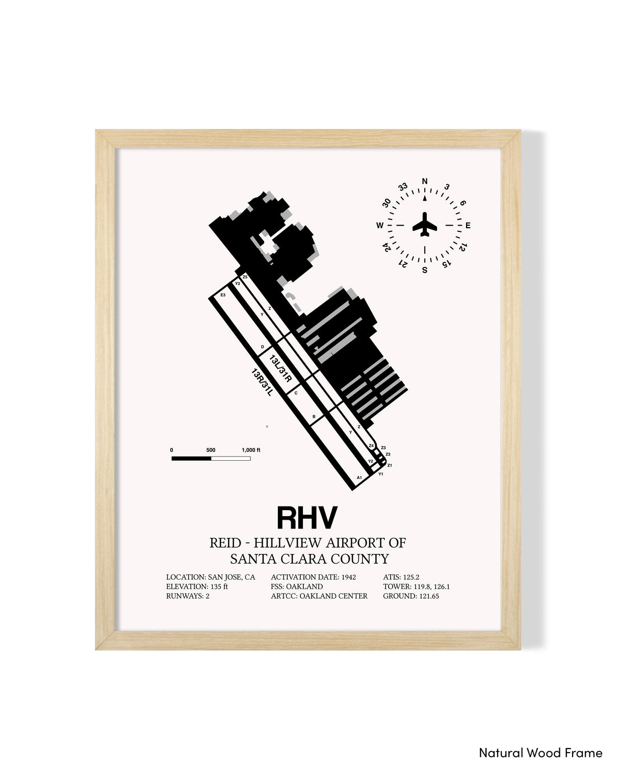 Detailed Airport Map of Reid-Hillview Airport of Santa Clara County (RHV) in White with a Natural Frame