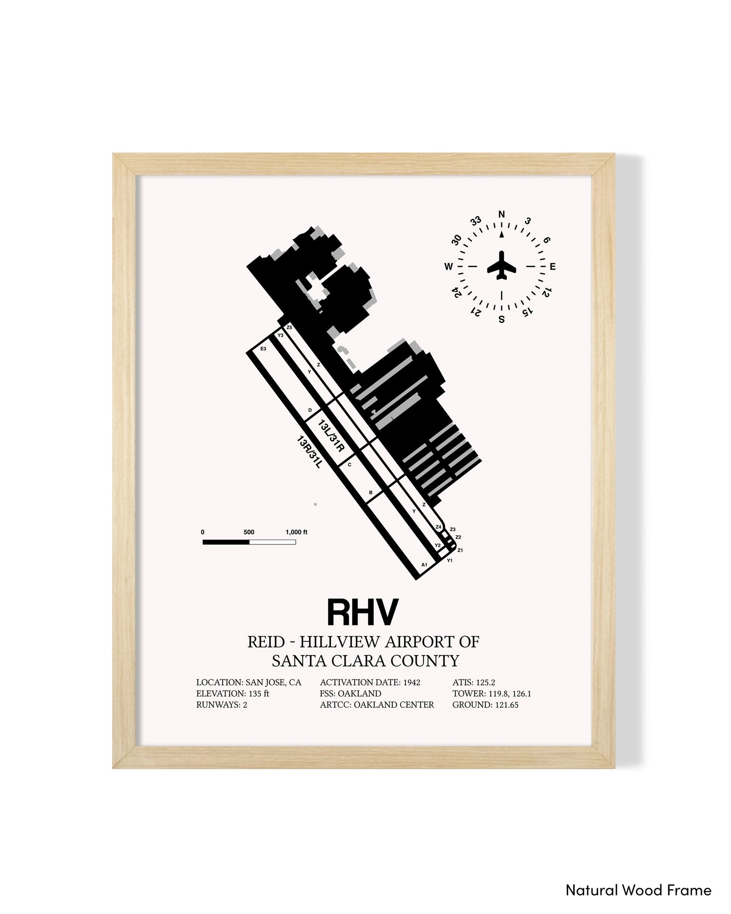 Detailed Airport Map of Reid-Hillview Airport of Santa Clara County (RHV) in White with a Natural Frame