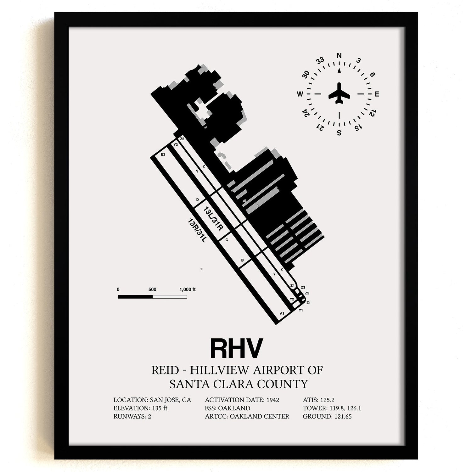 Framed Detailed Airport Map of Reid-Hillview Airport of Santa Clara County (RHV) in White with a Black Frame