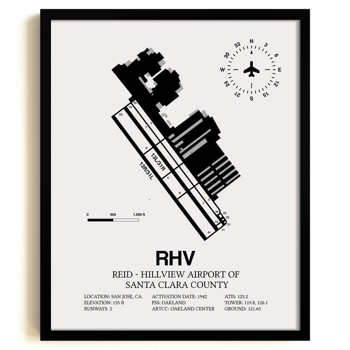 Framed Detailed Airport Map of Reid-Hillview Airport of Santa Clara County (RHV) in White with a Black Frame