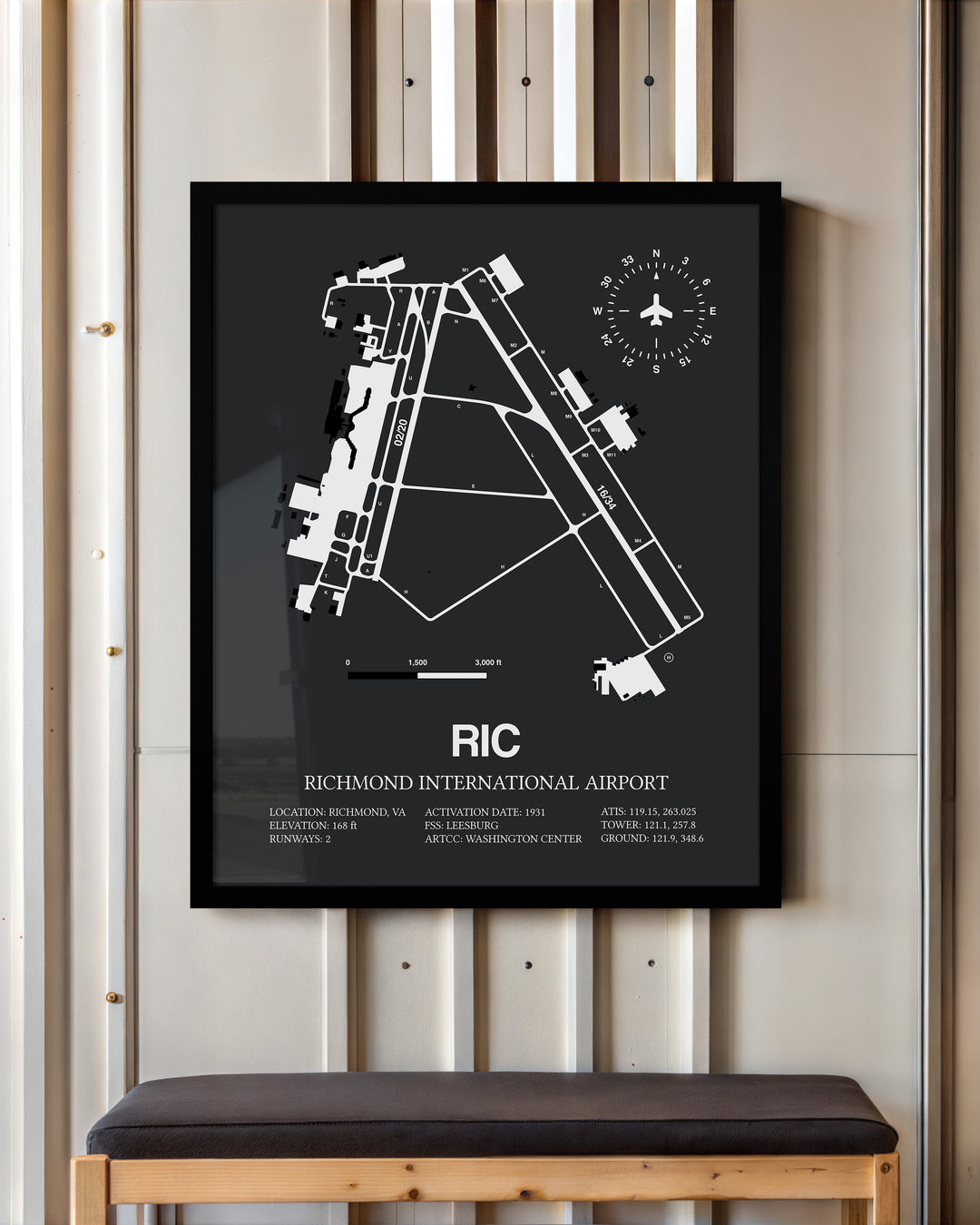 Framed Detailed Airport Map of Richmond International Airport (RIC) in Gray with a Black Frame