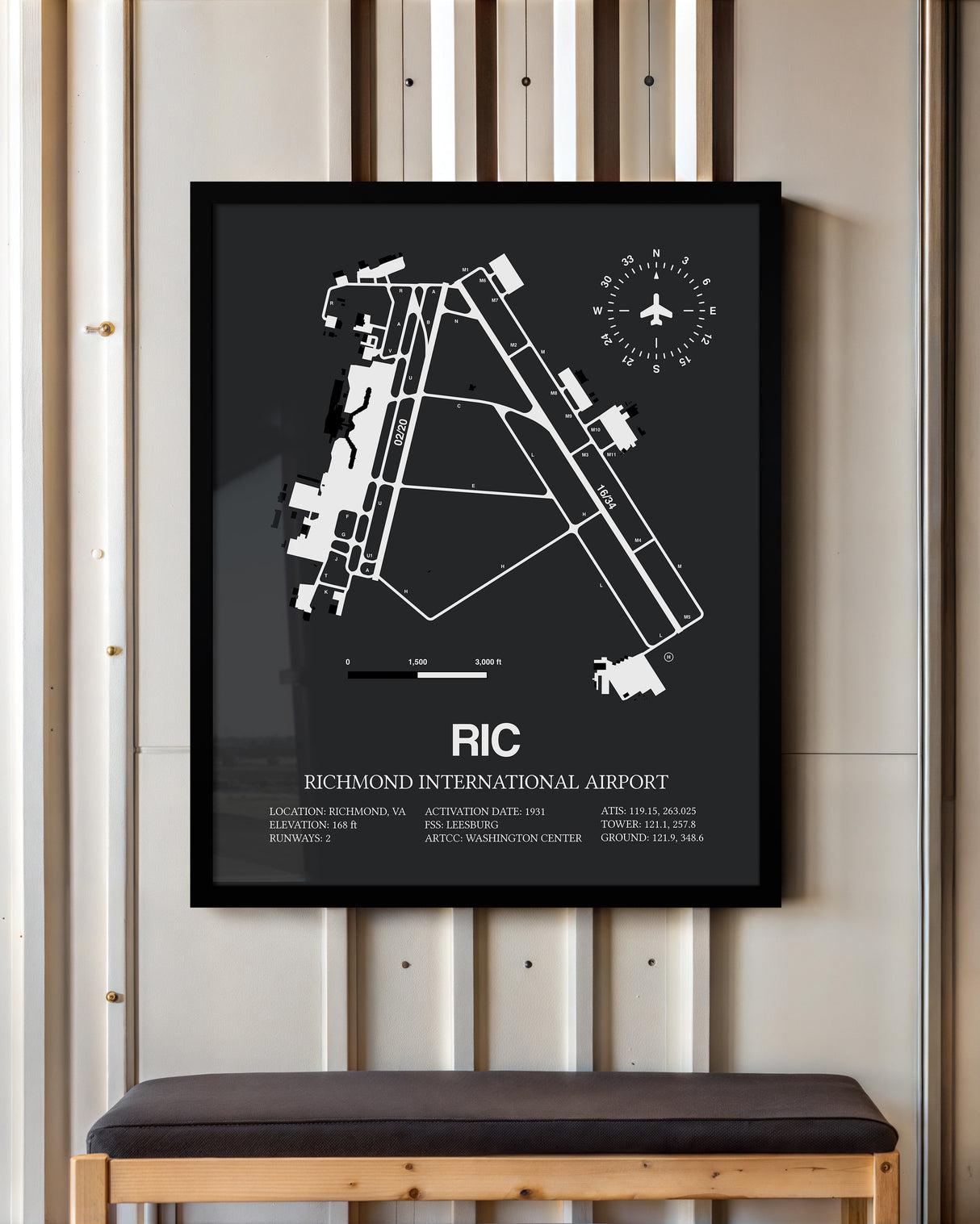 Framed Detailed Airport Map of Richmond International Airport (RIC) in Gray with a Black Frame