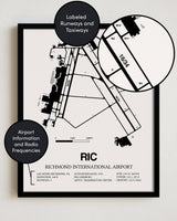 Framed Detailed Airport Map of Richmond International Airport (RIC) in White with a Black Frame