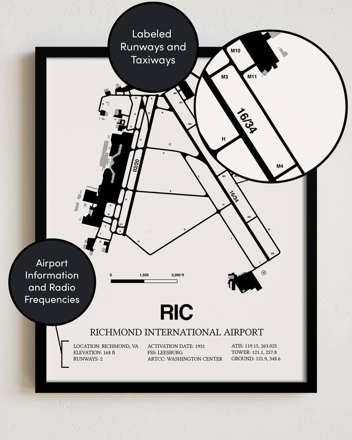 Framed Detailed Airport Map of Richmond International Airport (RIC) in White with a Black Frame