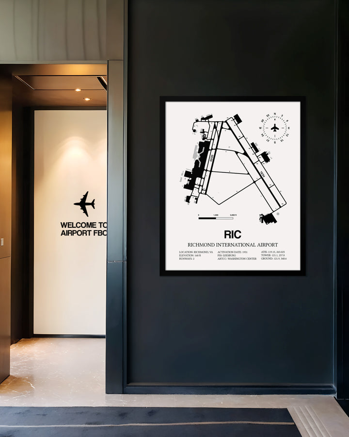 Framed Detailed Airport Map of Richmond International Airport (RIC) in White with a Black Frame