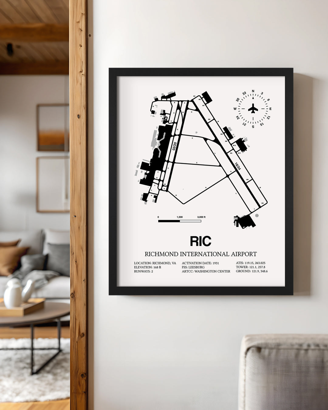 Framed Detailed Airport Map of Richmond International Airport (RIC) in White with a Black Frame