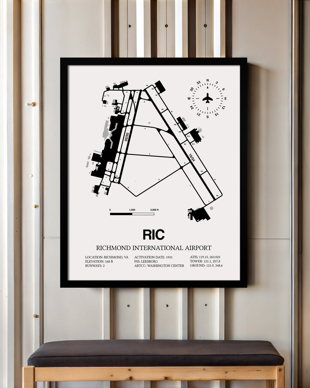 Framed Detailed Airport Map of Richmond International Airport (RIC) in White with a Black Frame