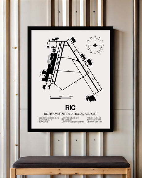 Framed Detailed Airport Map of Richmond International Airport (RIC) in White with a Black Frame