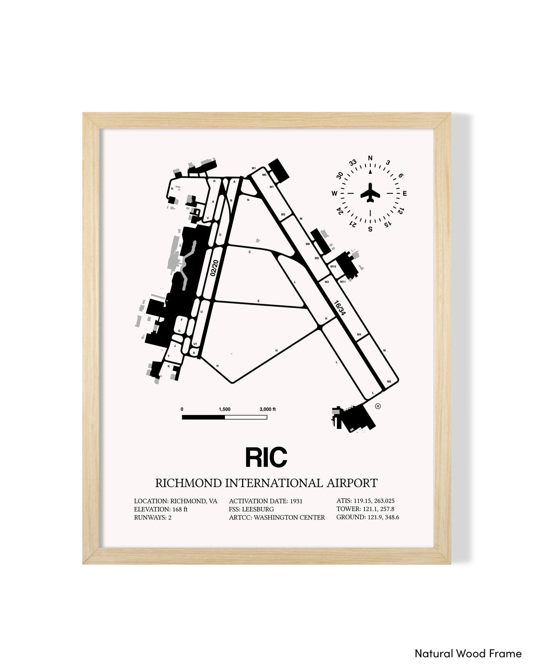 Detailed Airport Map of Richmond International Airport (RIC) in White with a Natural Frame