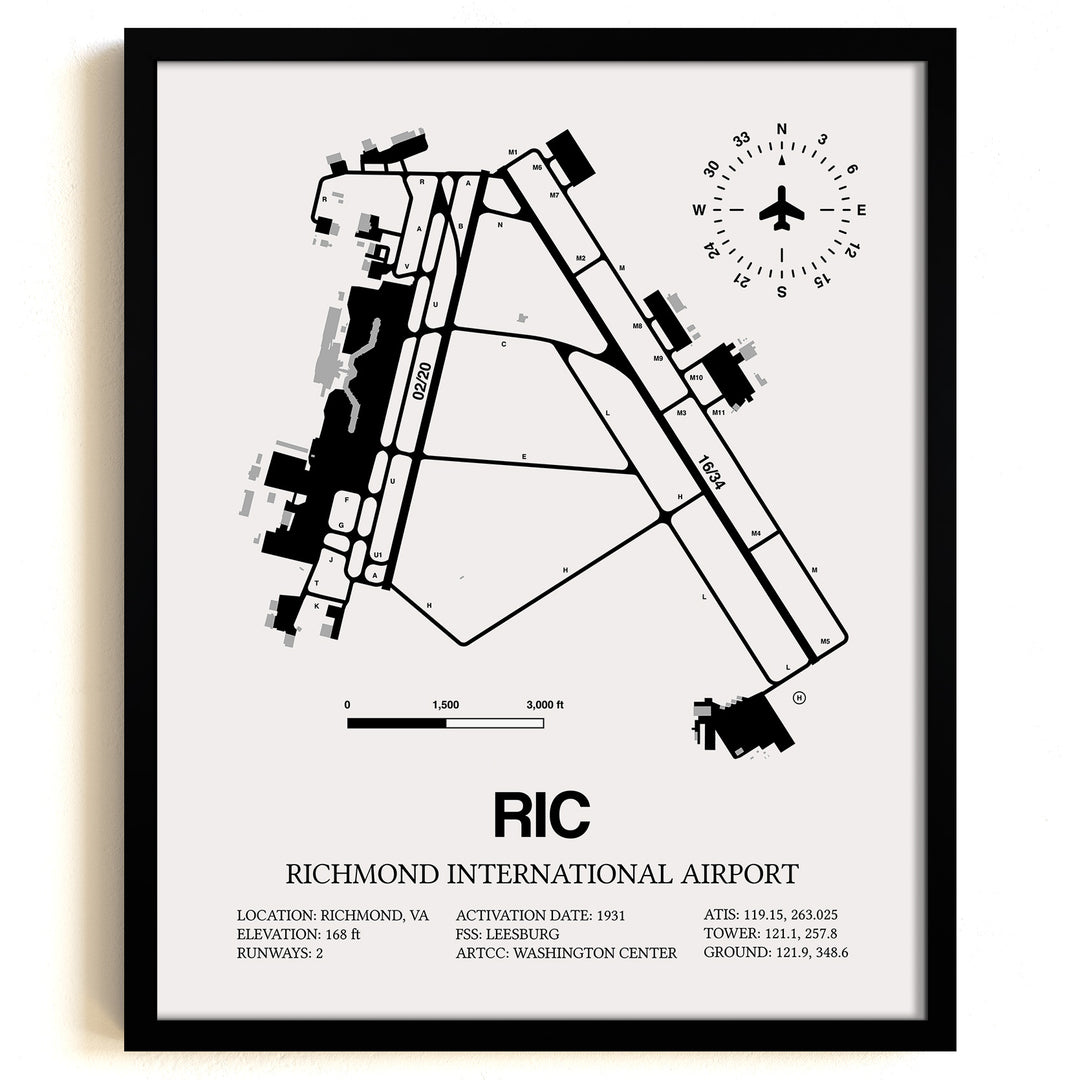 Framed Detailed Airport Map of Richmond International Airport (RIC) in White with a Black Frame