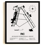 Framed Detailed Airport Map of Richmond International Airport (RIC) in White with a Black Frame