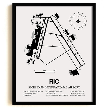 Framed Detailed Airport Map of Richmond International Airport (RIC) in White with a Black Frame
