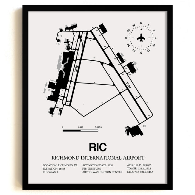 Framed Detailed Airport Map of Richmond International Airport (RIC) in White with a Black Frame
