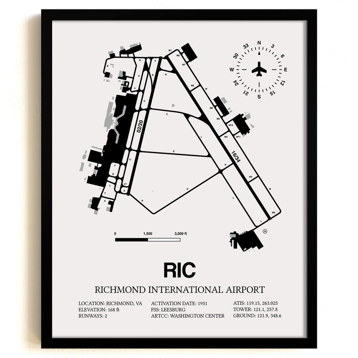 Framed Detailed Airport Map of Richmond International Airport (RIC) in White with a Black Frame