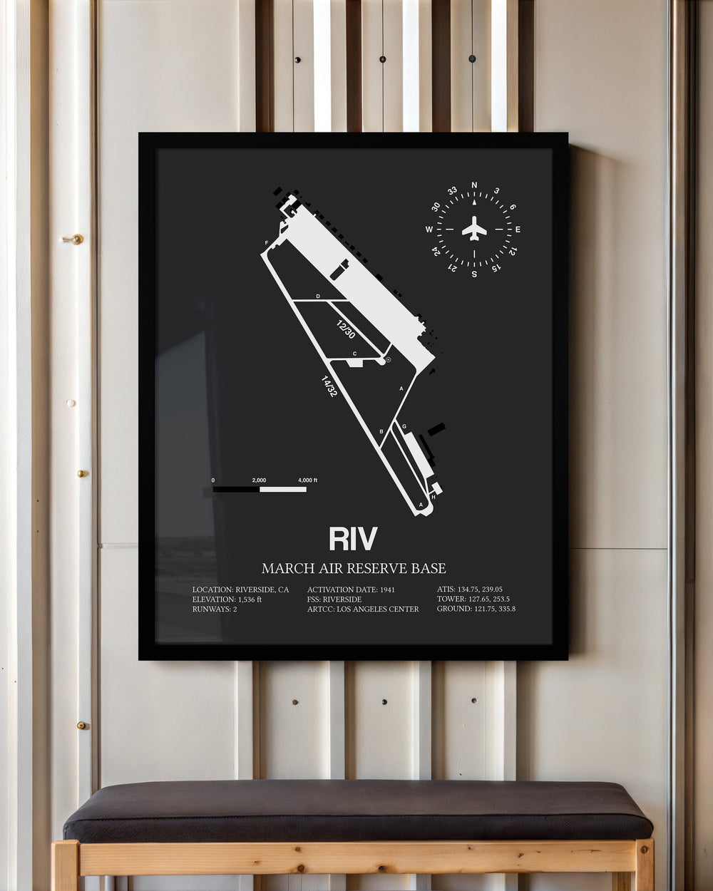 Framed Detailed Airport Map of March Air Reserve Base (RIV) in Gray with a Black Frame