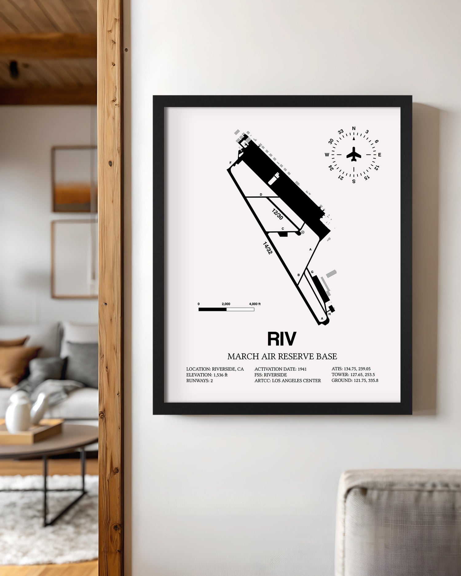 Framed Detailed Airport Map of March Air Reserve Base (RIV) in White with a Black Frame