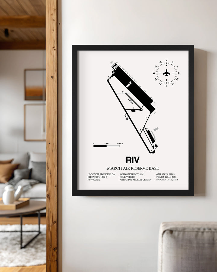 Framed Detailed Airport Map of March Air Reserve Base (RIV) in White with a Black Frame