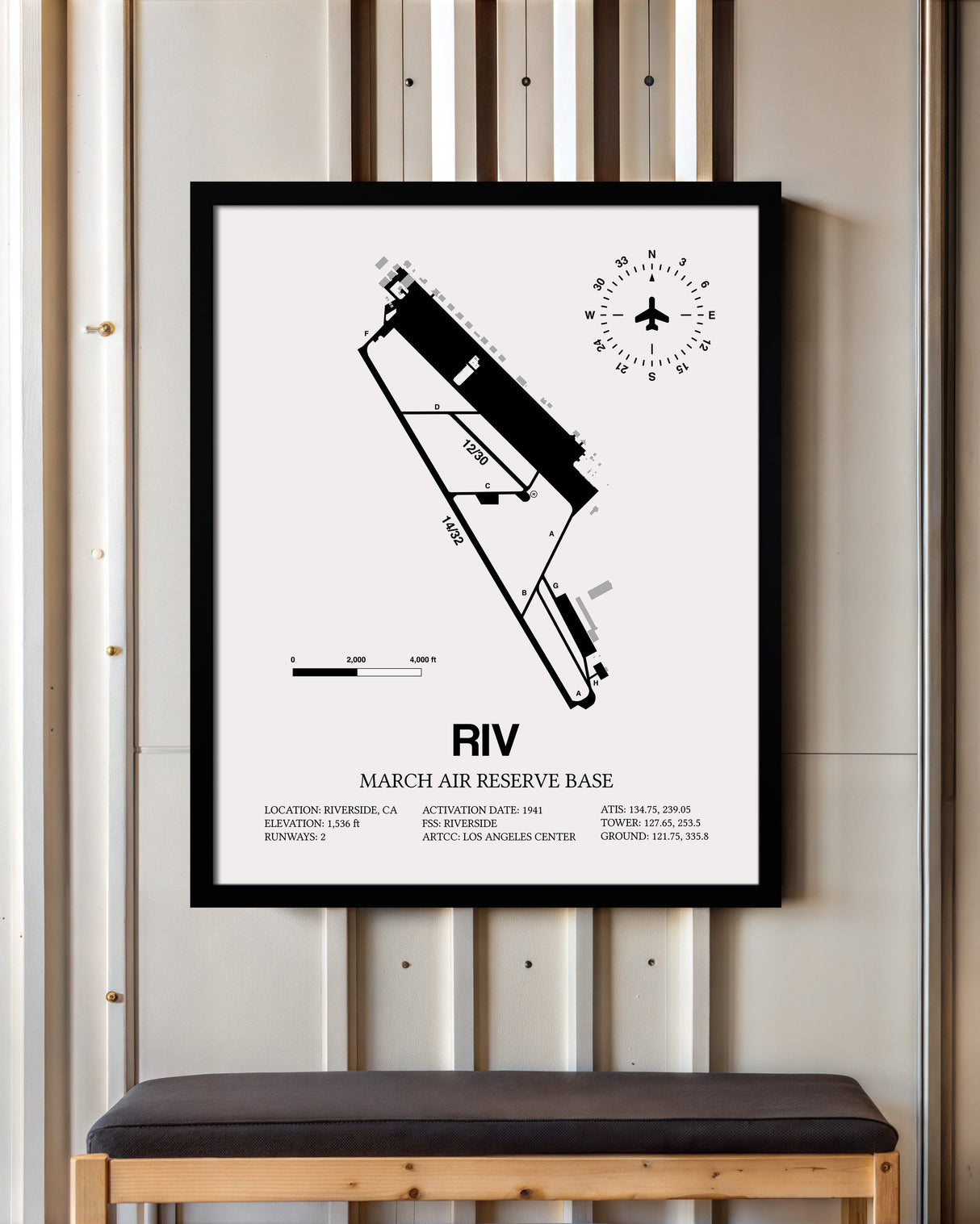 Framed Detailed Airport Map of March Air Reserve Base (RIV) in White with a Black Frame