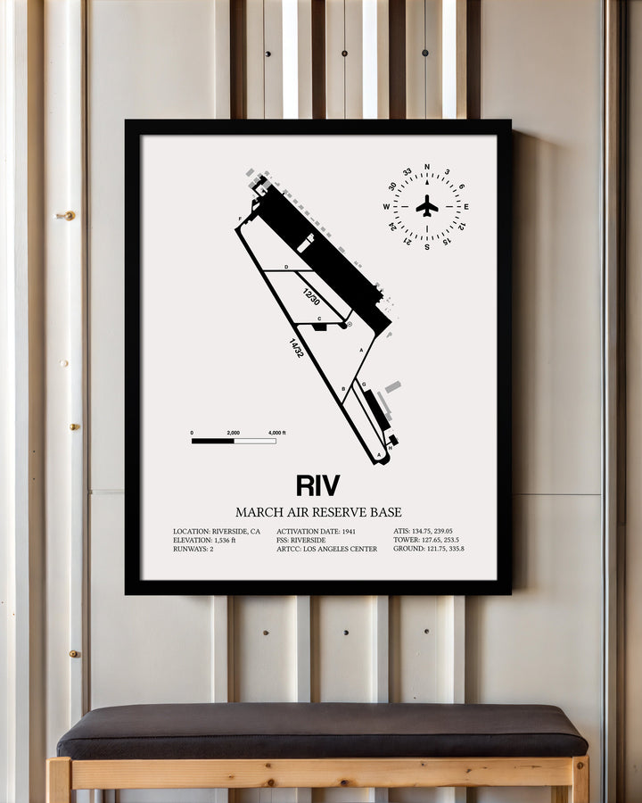 Framed Detailed Airport Map of March Air Reserve Base (RIV) in White with a Black Frame