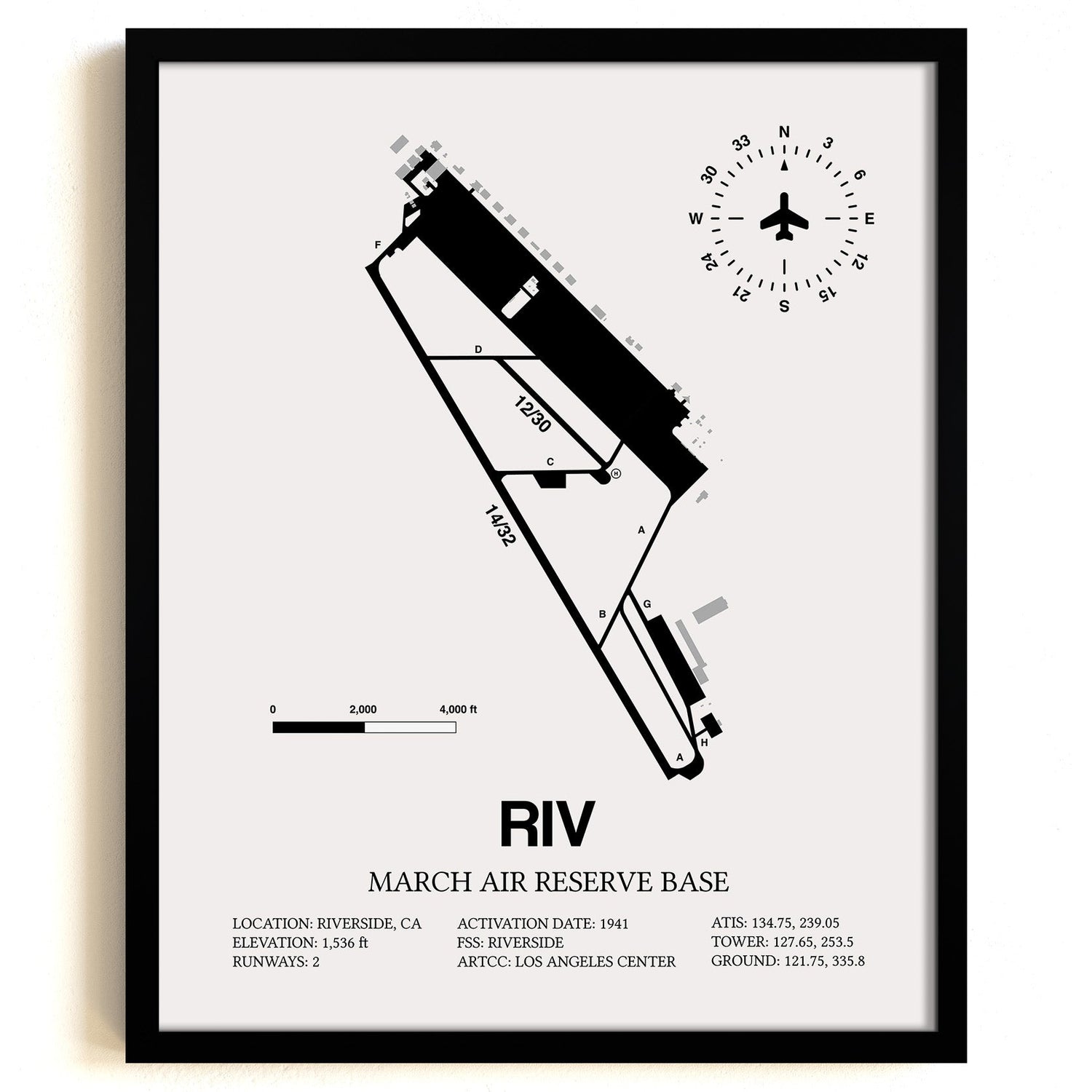 Framed Detailed Airport Map of March Air Reserve Base (RIV) in White with a Black Frame
