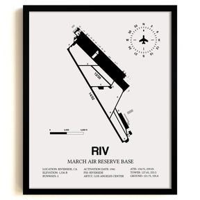 Framed Detailed Airport Map of March Air Reserve Base (RIV) in White with a Black Frame