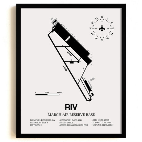 Framed Detailed Airport Map of March Air Reserve Base (RIV) in White with a Black Frame