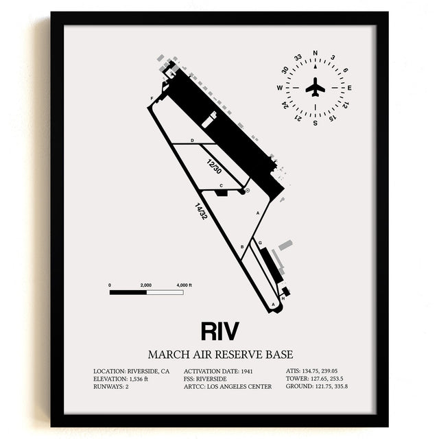 Framed Detailed Airport Map of March Air Reserve Base (RIV) in White with a Black Frame