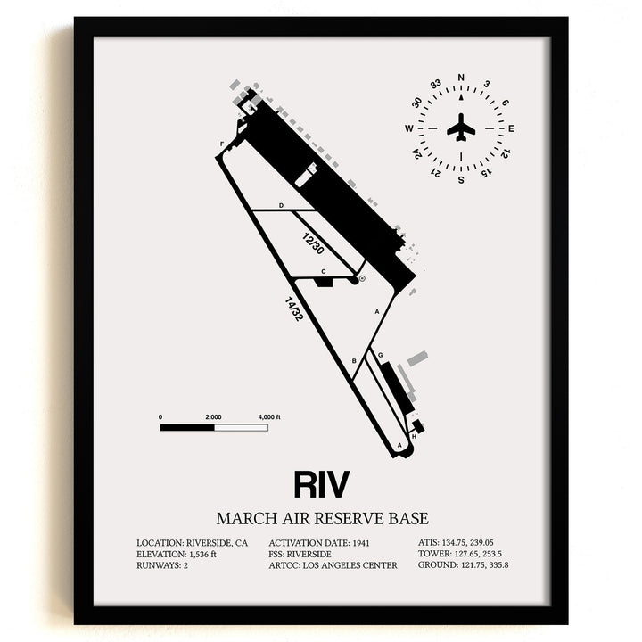 Framed Detailed Airport Map of March Air Reserve Base (RIV) in White with a Black Frame