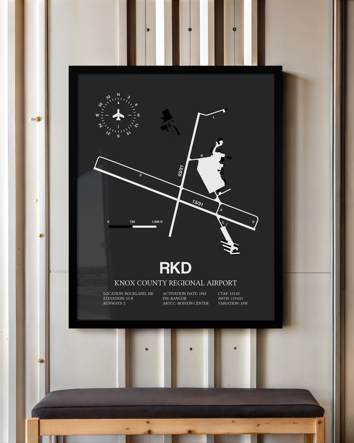 Framed Detailed Airport Map of Knox County Regional Airport (RKD) in Gray with a Black Frame