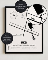 Framed Detailed Airport Map of Knox County Regional Airport (RKD) in White with a Black Frame