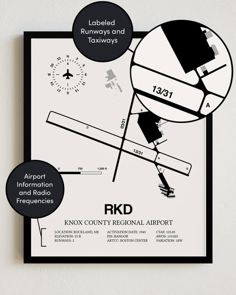 Framed Detailed Airport Map of Knox County Regional Airport (RKD) in White with a Black Frame