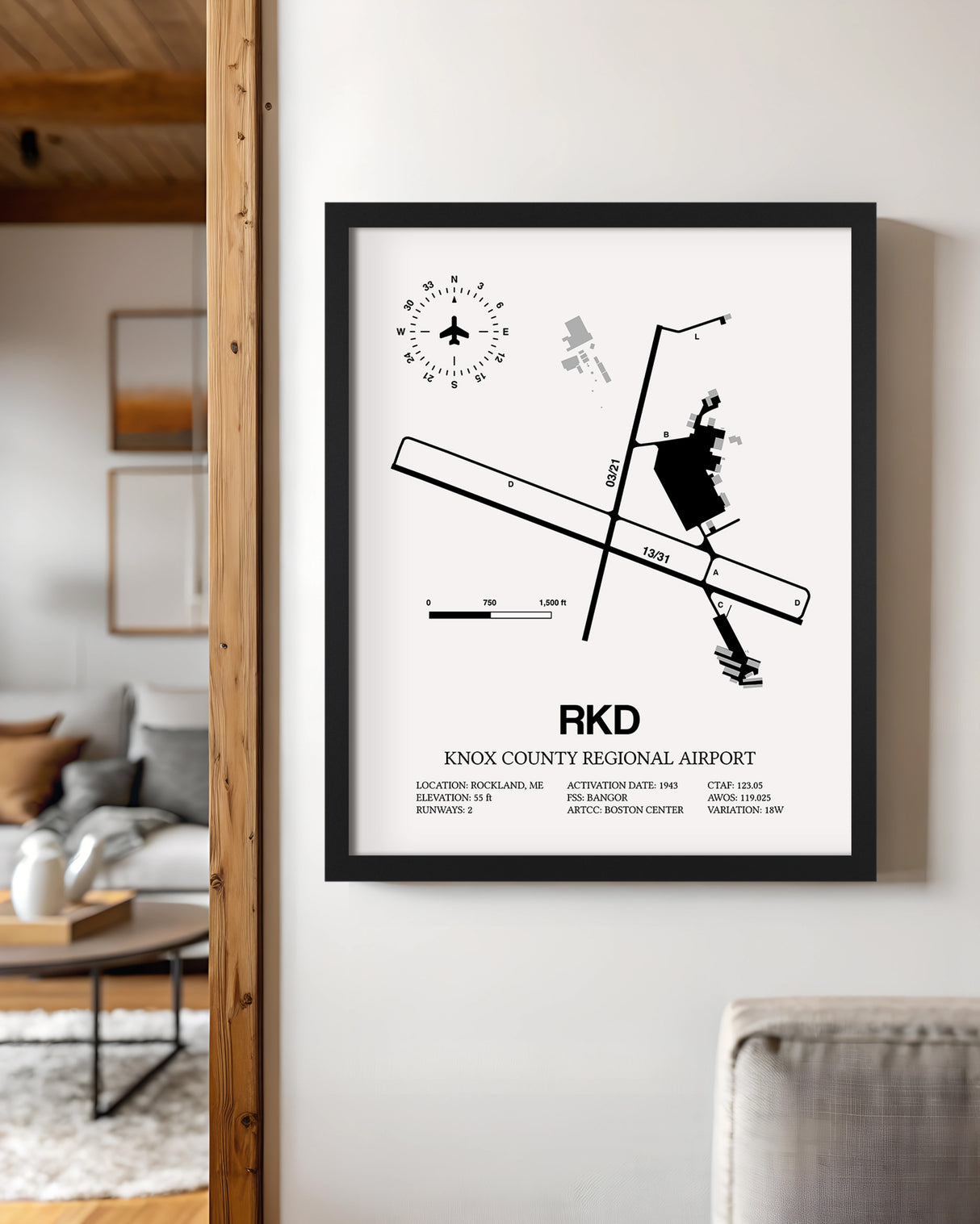 Framed Detailed Airport Map of Knox County Regional Airport (RKD) in White with a Black Frame