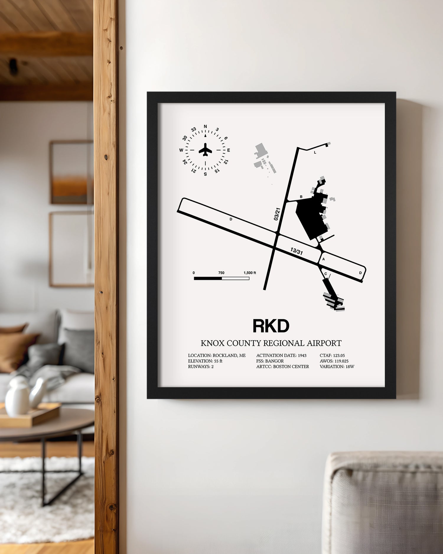 Framed Detailed Airport Map of Knox County Regional Airport (RKD) in White with a Black Frame