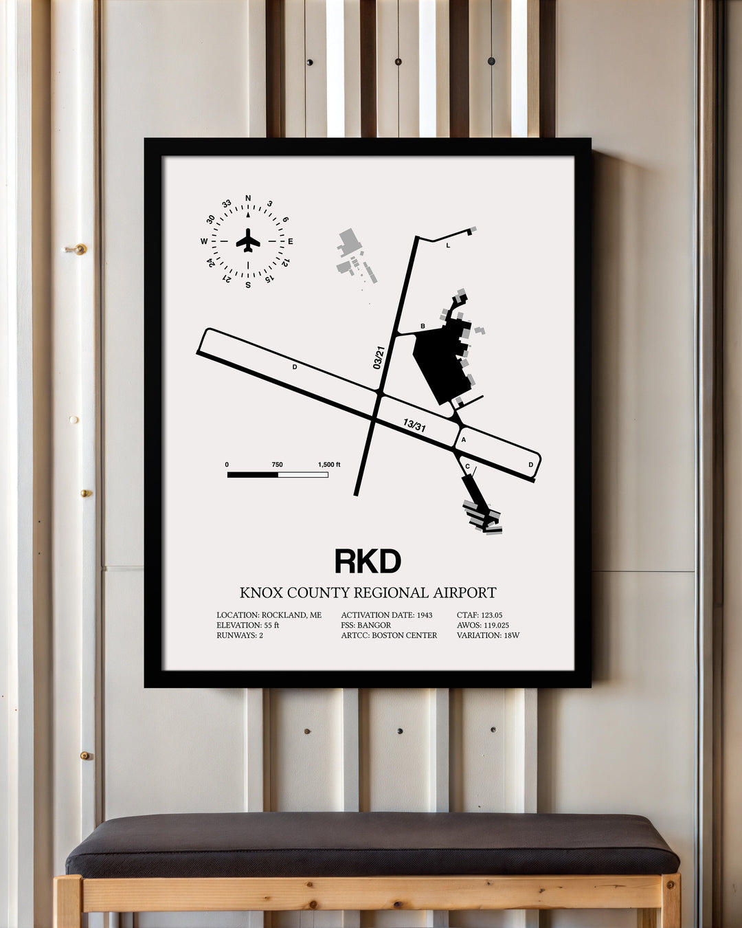 Framed Detailed Airport Map of Knox County Regional Airport (RKD) in White with a Black Frame