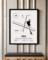 Framed Detailed Airport Map of Knox County Regional Airport (RKD) in White with a Black Frame