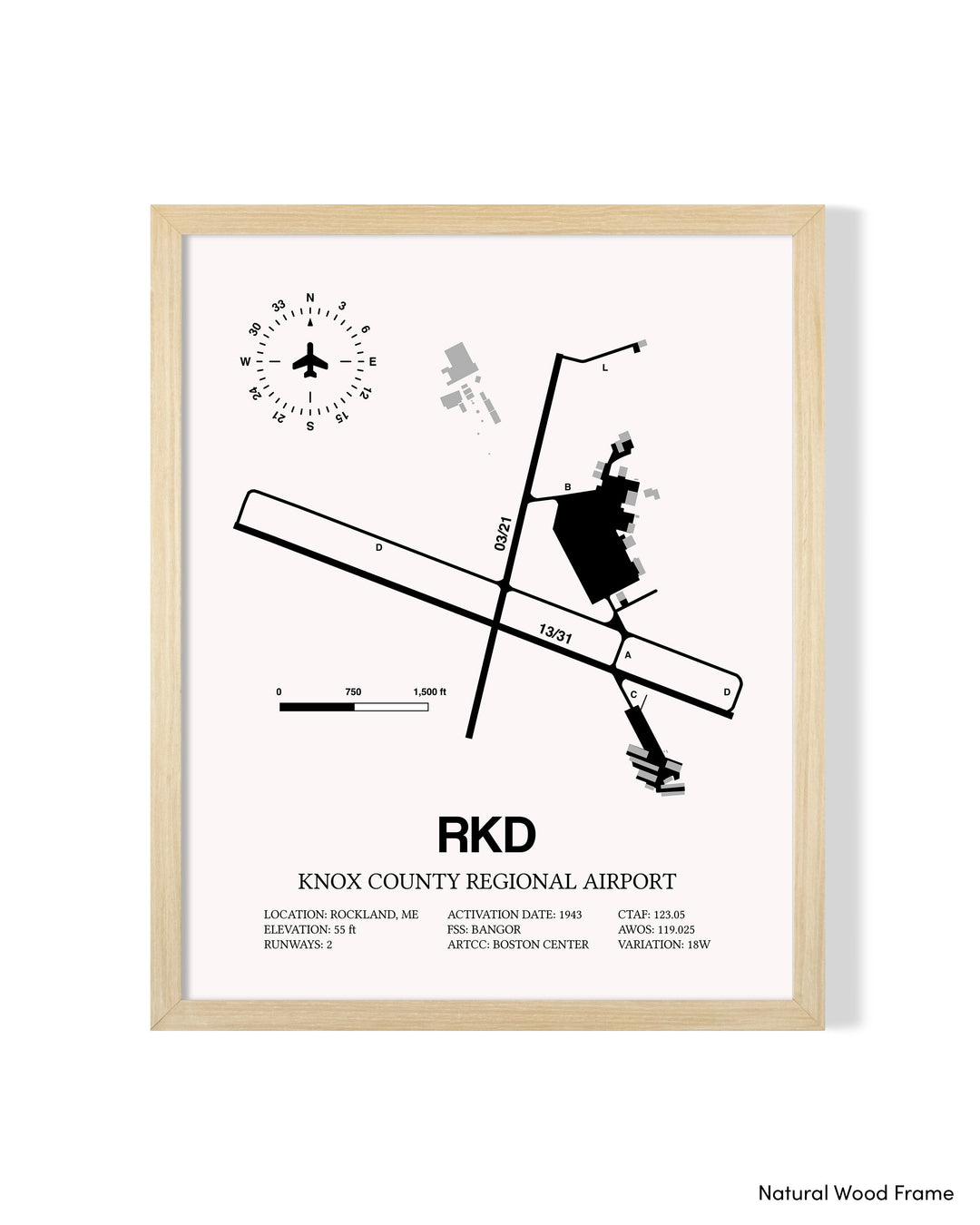 Detailed Airport Map of Knox County Regional Airport (RKD) in White with a Natural Frame