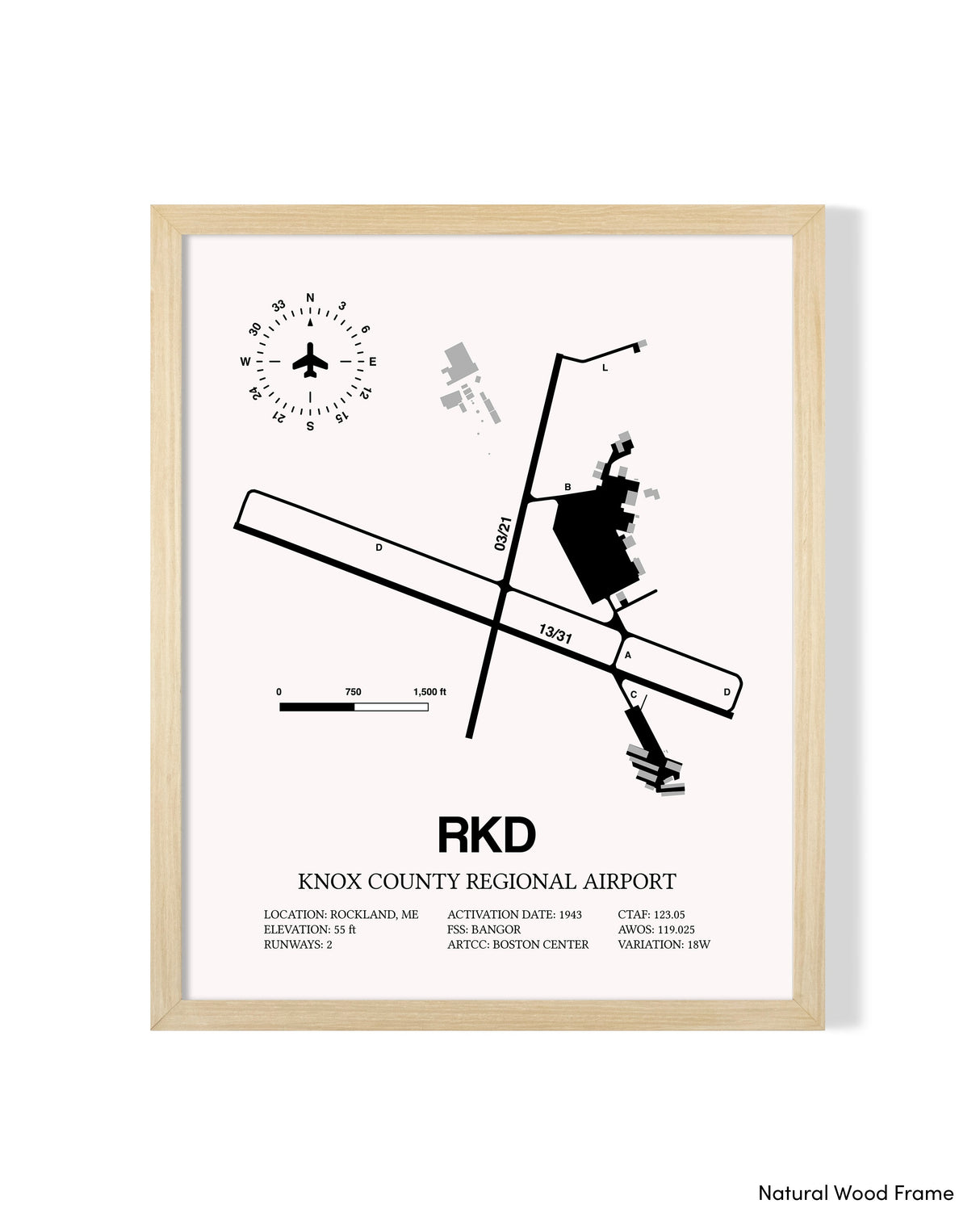Detailed Airport Map of Knox County Regional Airport (RKD) in White with a Natural Frame