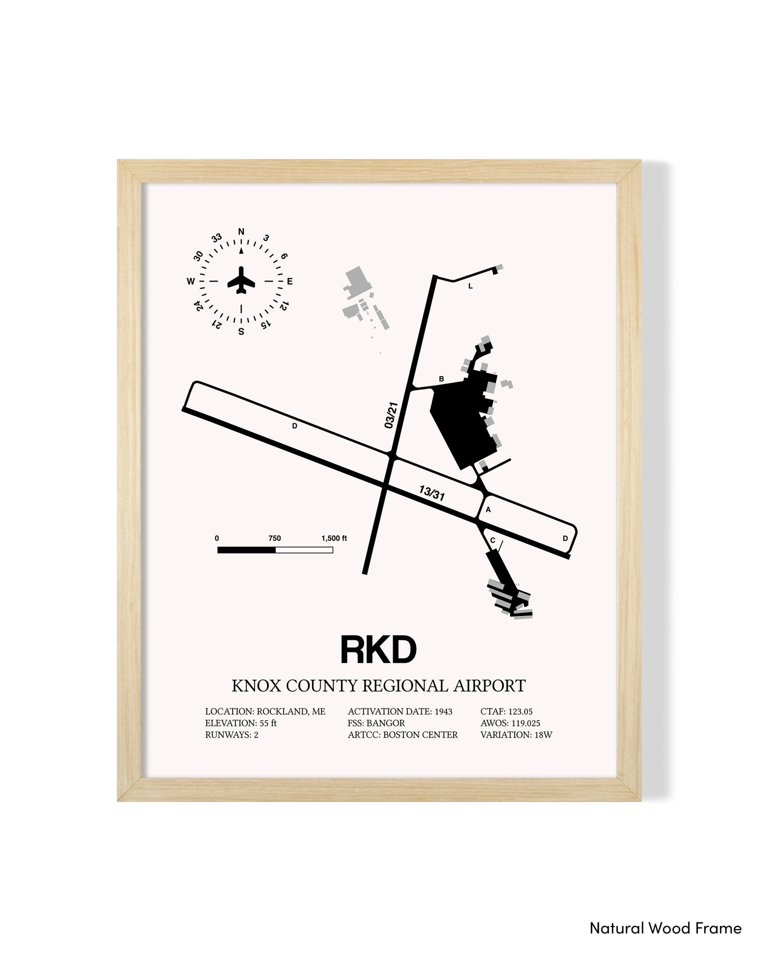 Detailed Airport Map of Knox County Regional Airport (RKD) in White with a Natural Frame