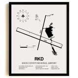 Framed Detailed Airport Map of Knox County Regional Airport (RKD) in White with a Black Frame