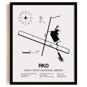 Framed Detailed Airport Map of Knox County Regional Airport (RKD) in White with a Black Frame