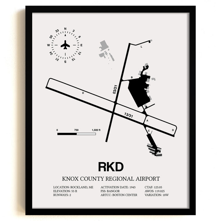 Framed Detailed Airport Map of Knox County Regional Airport (RKD) in White with a Black Frame