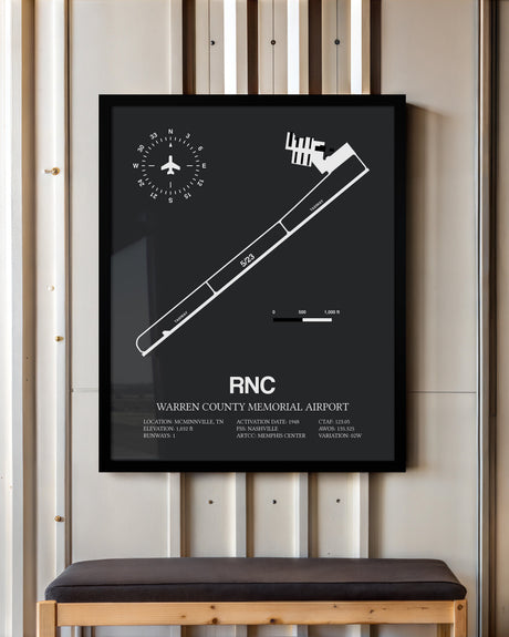 Framed Detailed Airport Map of Warren County Memorial Airport (RNC) in Gray with a Black Frame