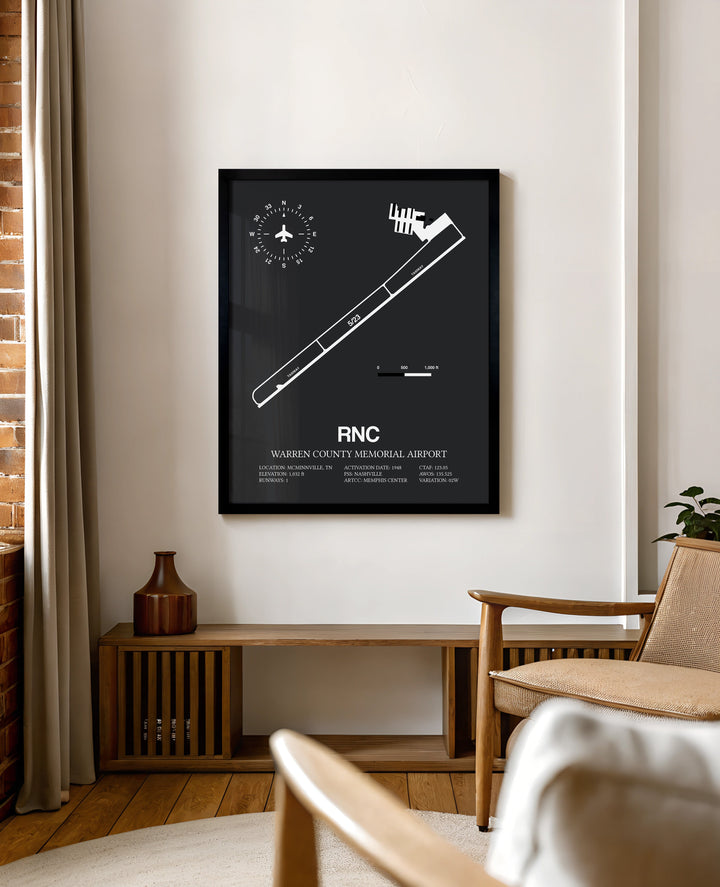 Framed Detailed Airport Map of Warren County Memorial Airport (RNC) in Gray with a Black Frame