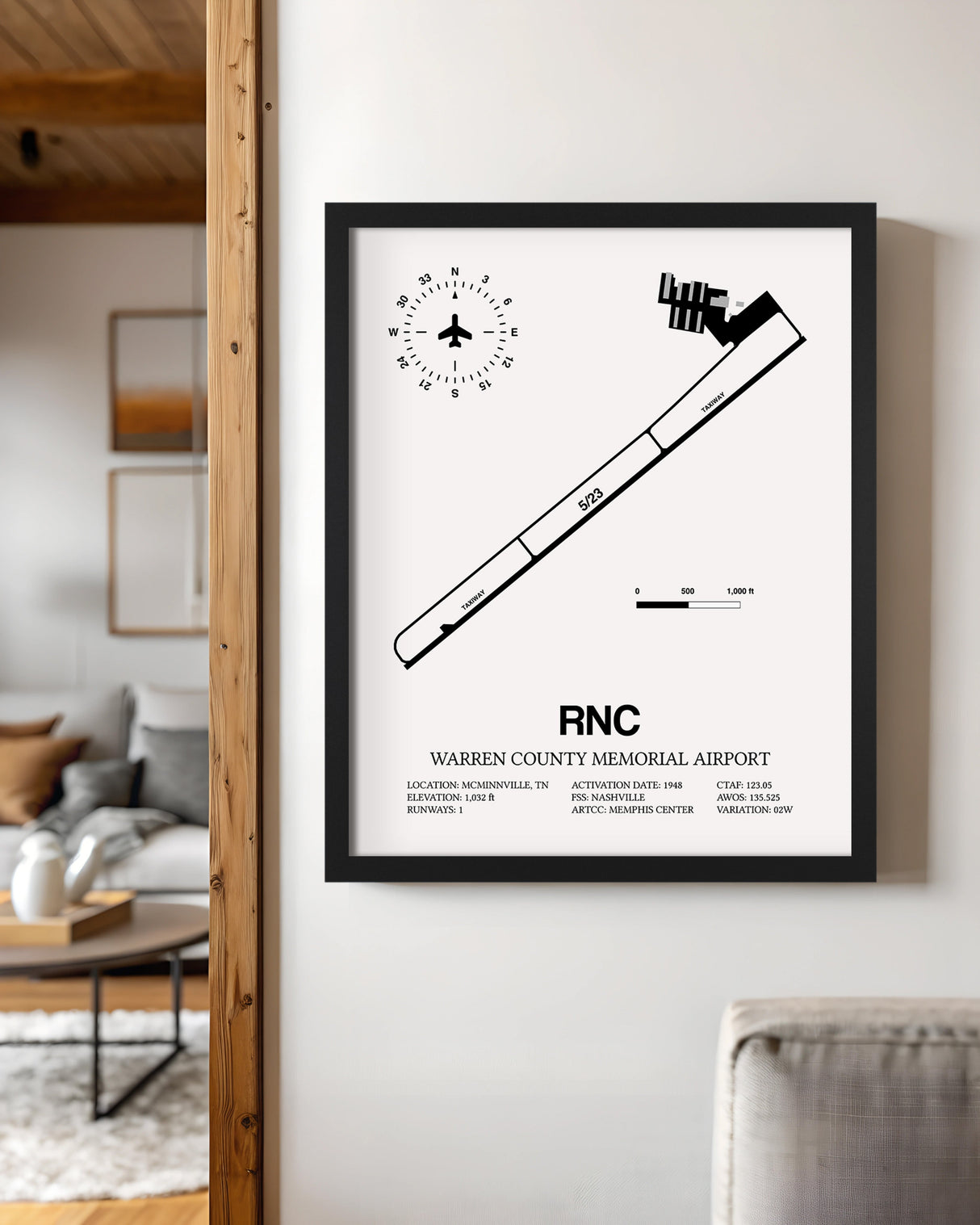 Framed Detailed Airport Map of Warren County Memorial Airport (RNC) in White with a Black Frame
