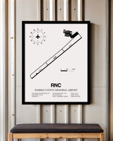 Framed Detailed Airport Map of Warren County Memorial Airport (RNC) in White with a Black Frame