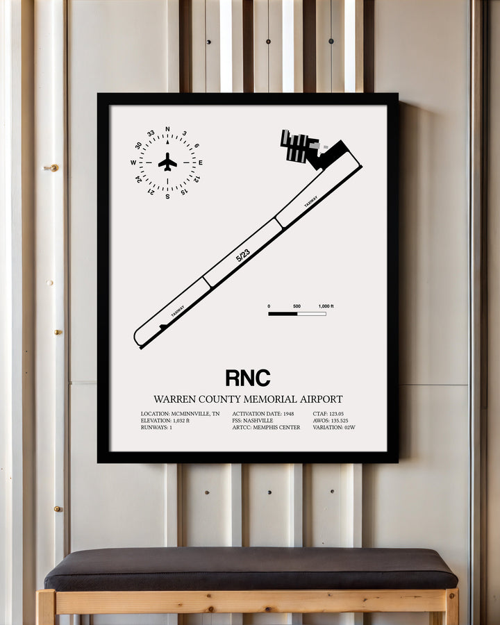 Framed Detailed Airport Map of Warren County Memorial Airport (RNC) in White with a Black Frame