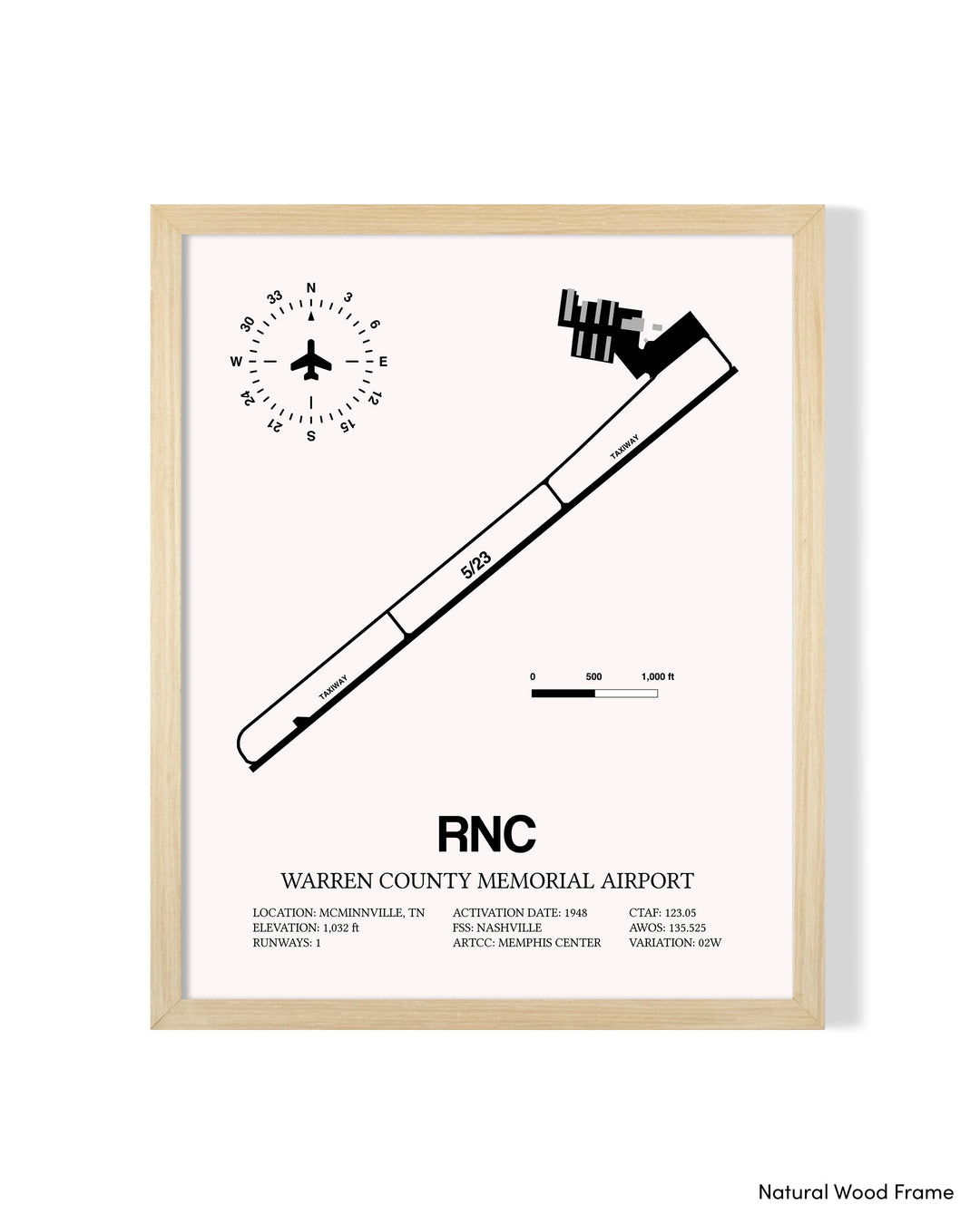 Detailed Airport Map of Warren County Memorial Airport (RNC) in White with a Natural Frame