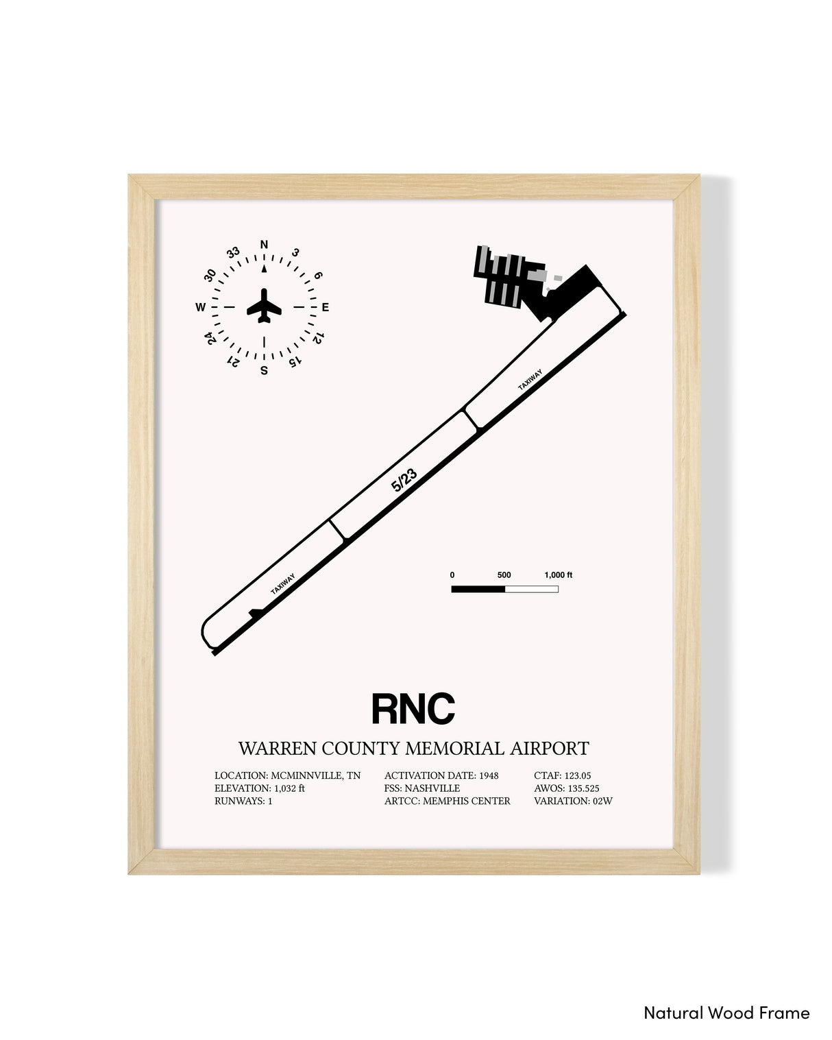 Detailed Airport Map of Warren County Memorial Airport (RNC) in White with a Natural Frame