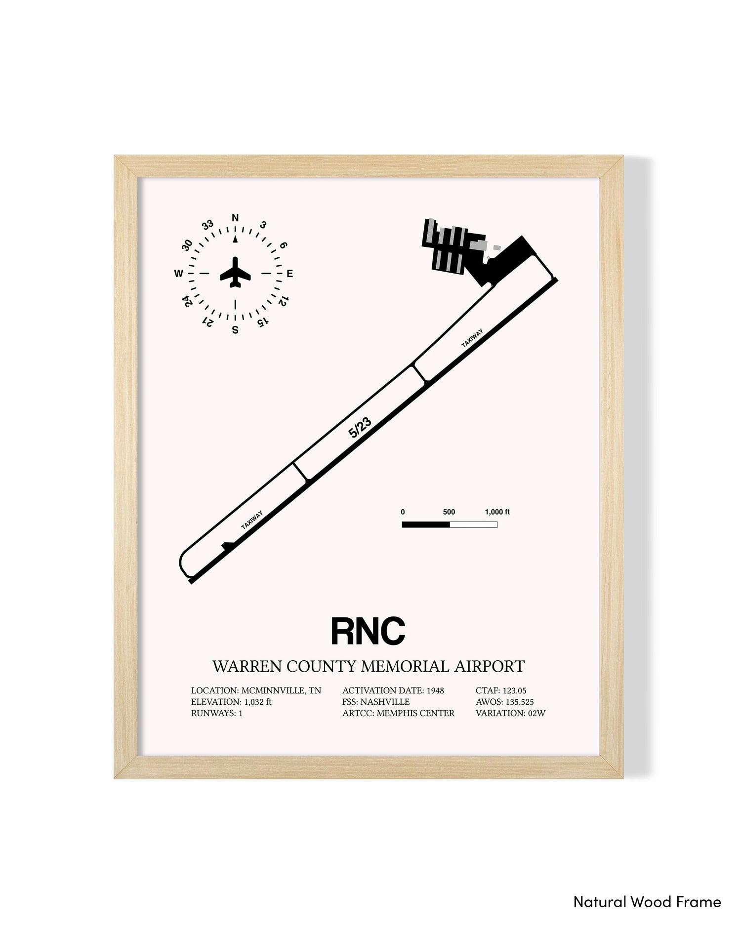 Detailed Airport Map of Warren County Memorial Airport (RNC) in White with a Natural Frame