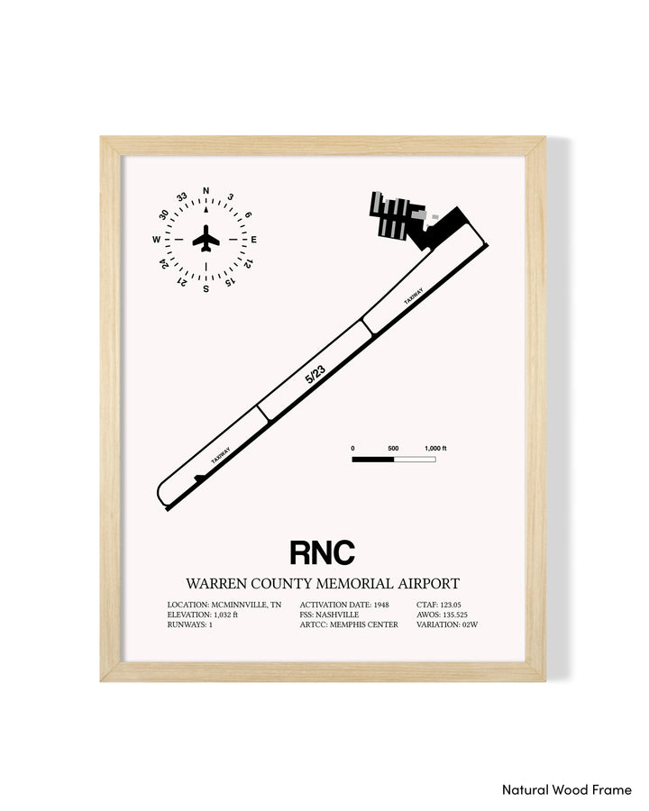Detailed Airport Map of Warren County Memorial Airport (RNC) in White with a Natural Frame